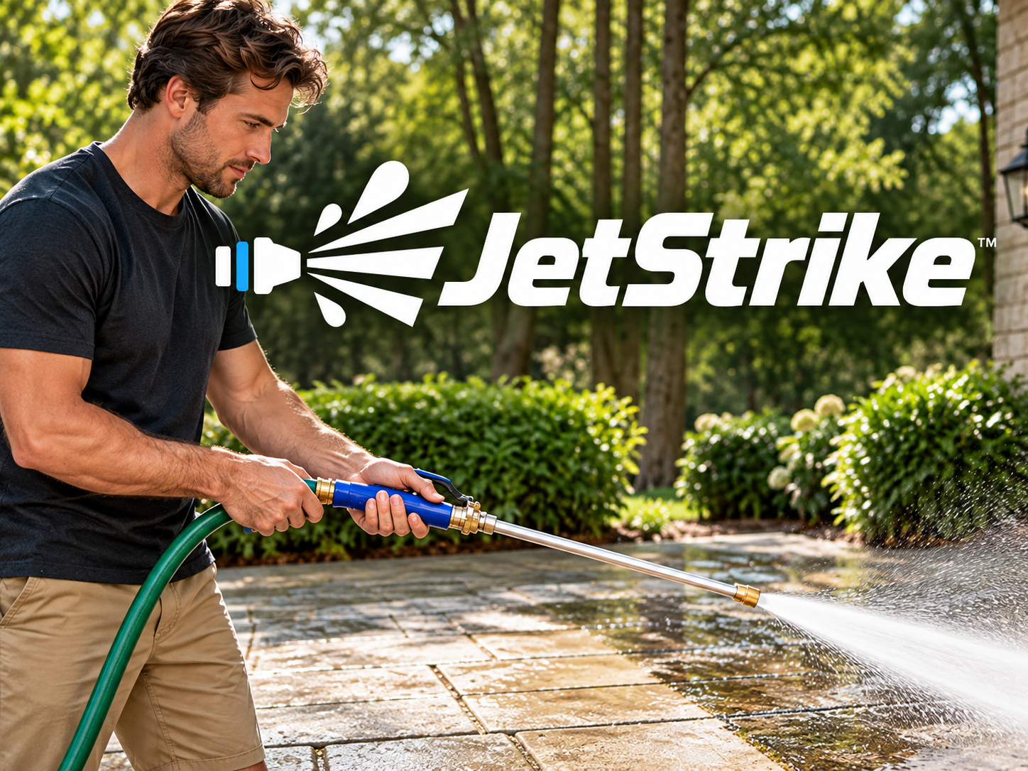 JetStrike Water Hose wand being used for outdoor cleaning